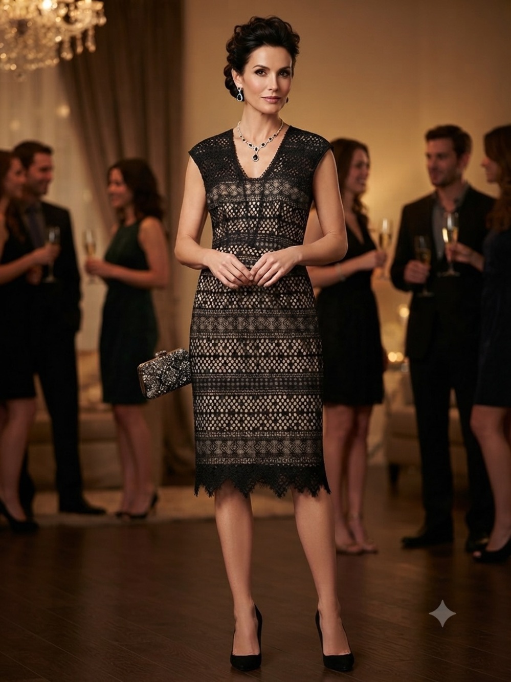 Shoshanna Black Lace Midi Dress with Scalloped Hem